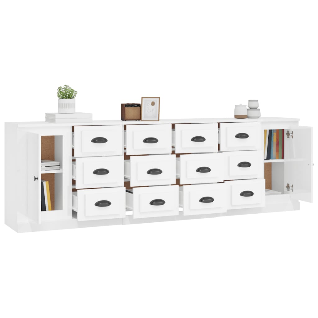 vidaXL Aparadores 3 uds madera contrachapada blanco brillo