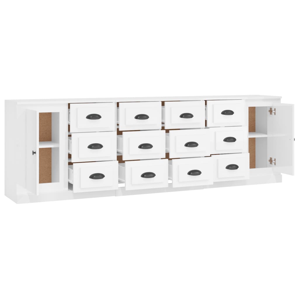 vidaXL Aparadores 3 uds madera contrachapada blanco brillo