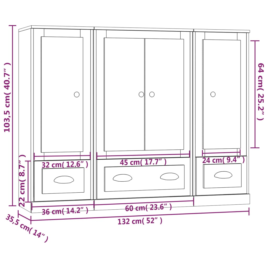 vidaXL Aparadores altos 3 piezas madera contrachapada blanco