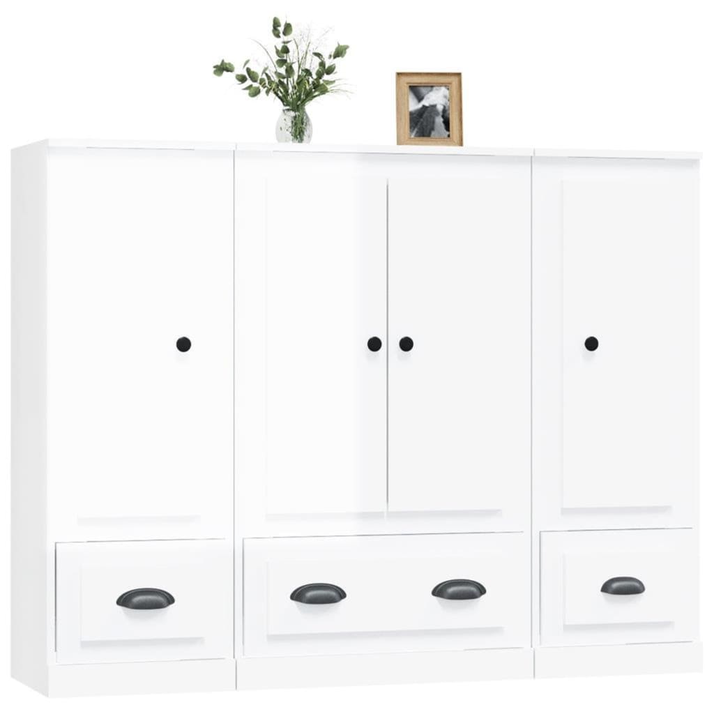 vidaXL Aparador alto de madera 3 piezas contrachapada blanco brillo