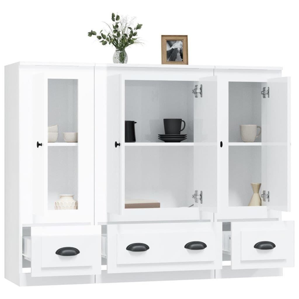 vidaXL Aparador alto de madera 3 piezas contrachapada blanco brillo