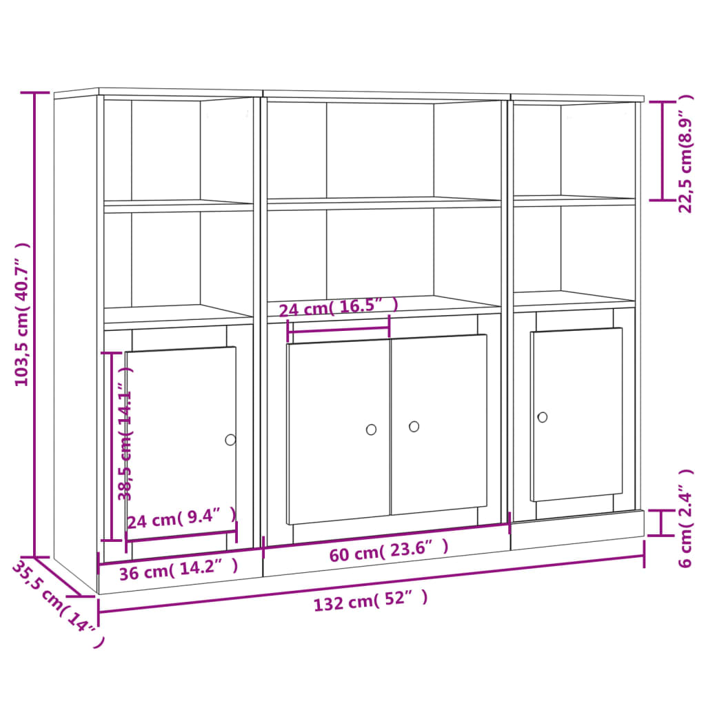 vidaXL Aparadores altos 3 piezas madera contrachapada blanco