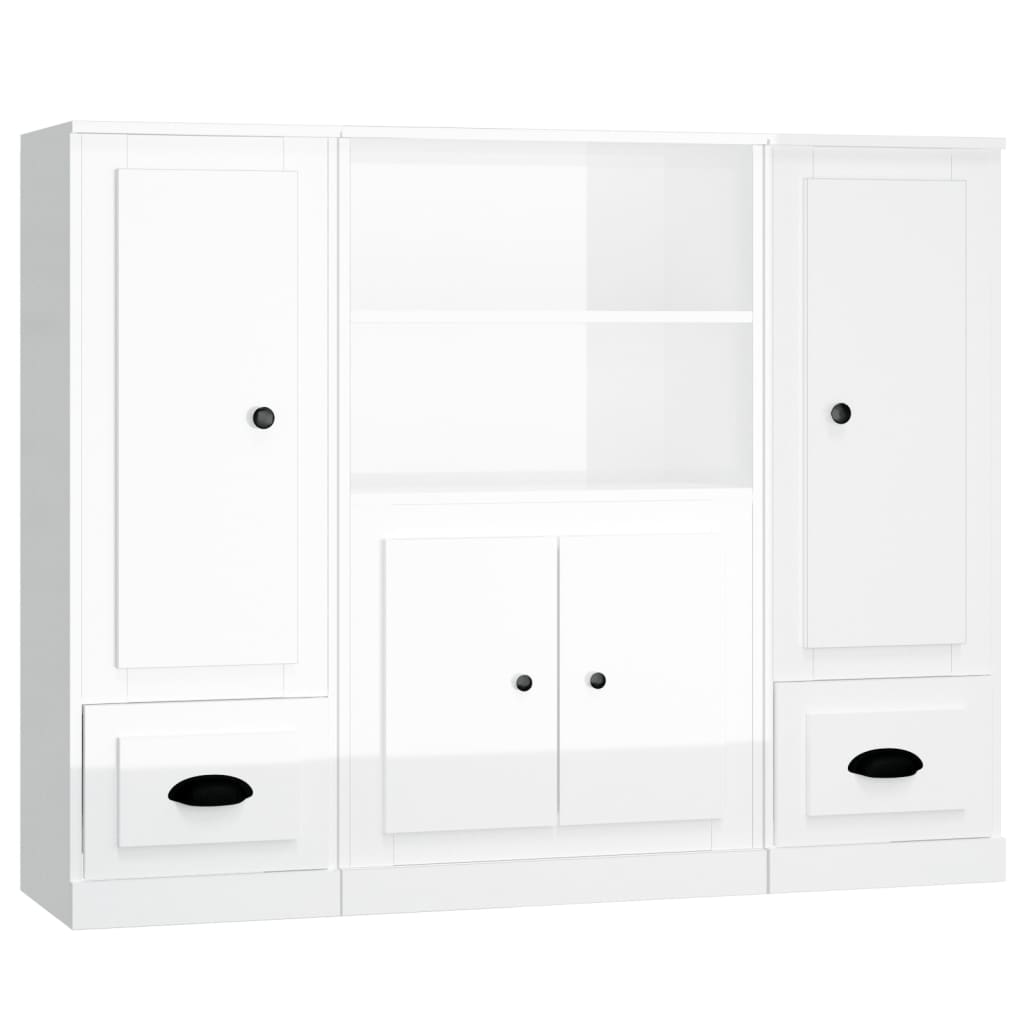 vidaXL Aparador alto de madera 3 piezas contrachapada blanco brillo