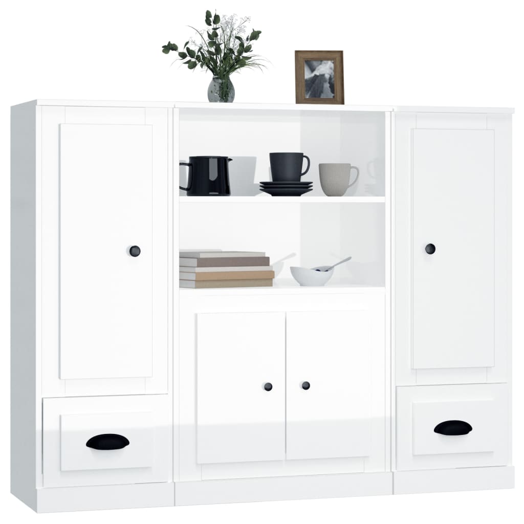 vidaXL Aparador alto de madera 3 piezas contrachapada blanco brillo