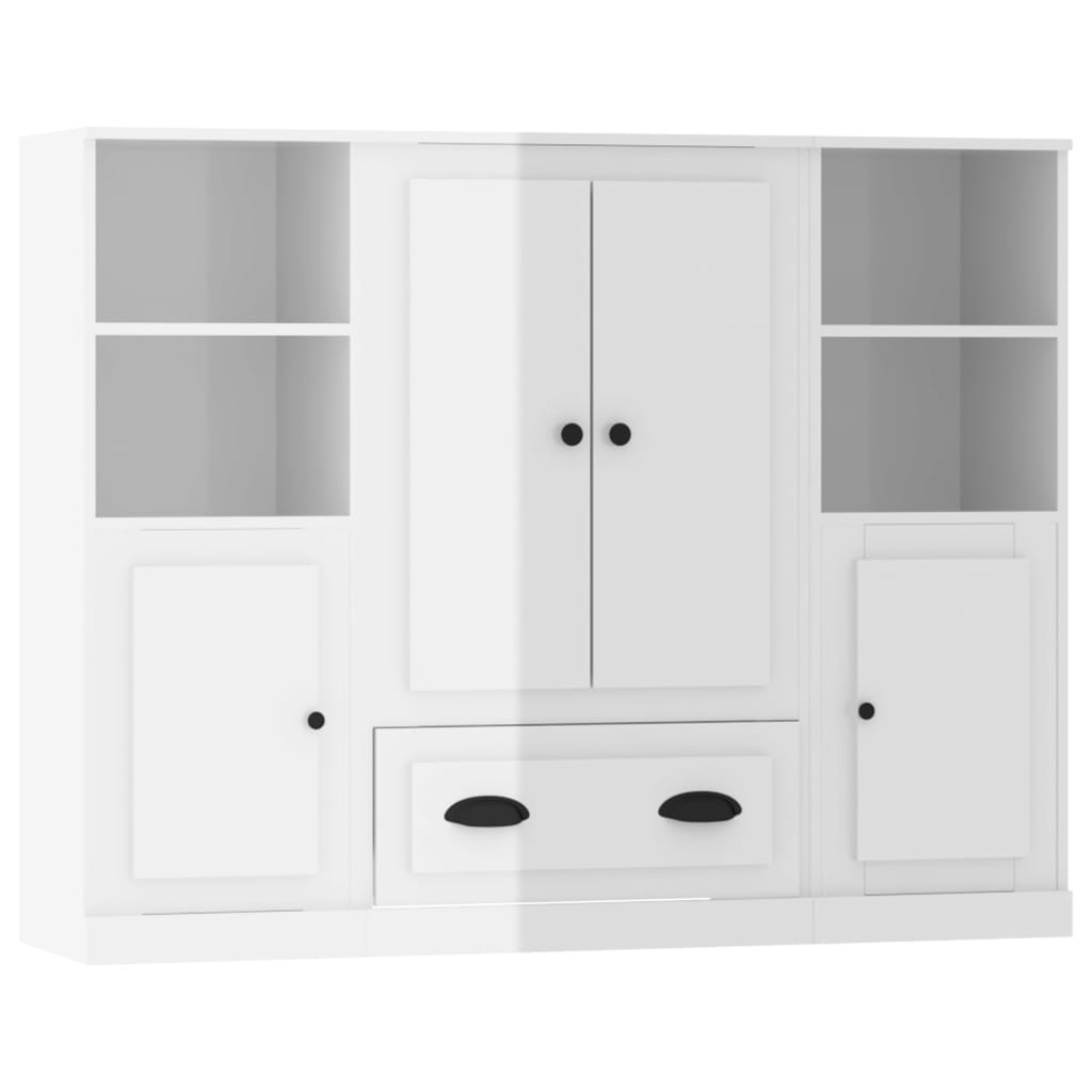 vidaXL Aparador alto de madera 3 piezas contrachapada blanco brillo