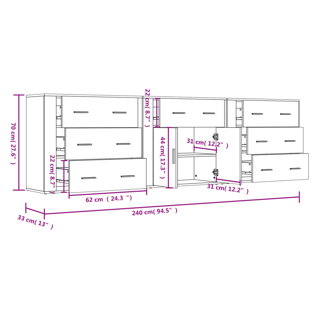 vidaXL Aparadores 3 piezas madera contrachapada negro