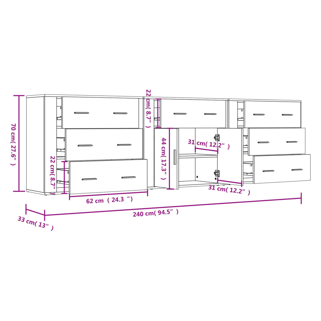 vidaXL Aparadores 3 piezas madera contrachapada roble ahumado