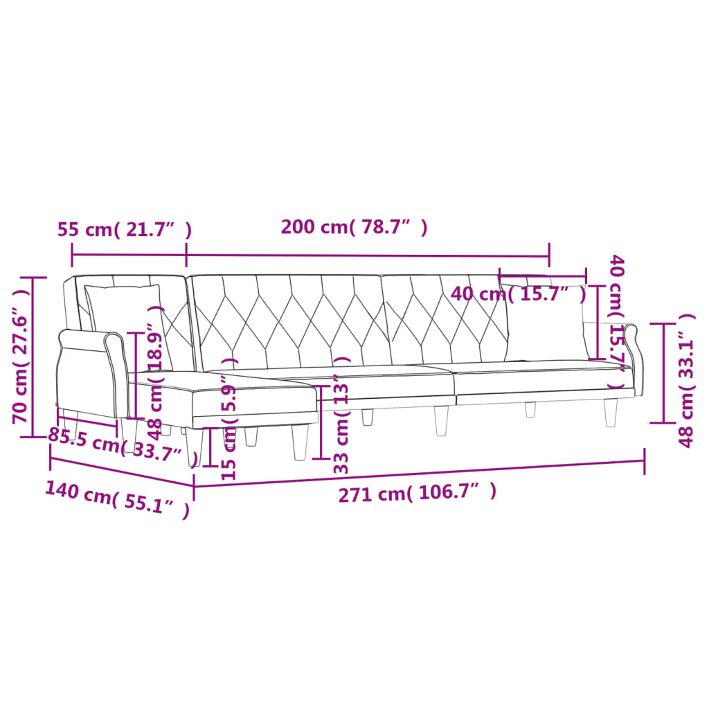 vidaXL Sofá cama en forma de L terciopelo negro 271x140x70 cm