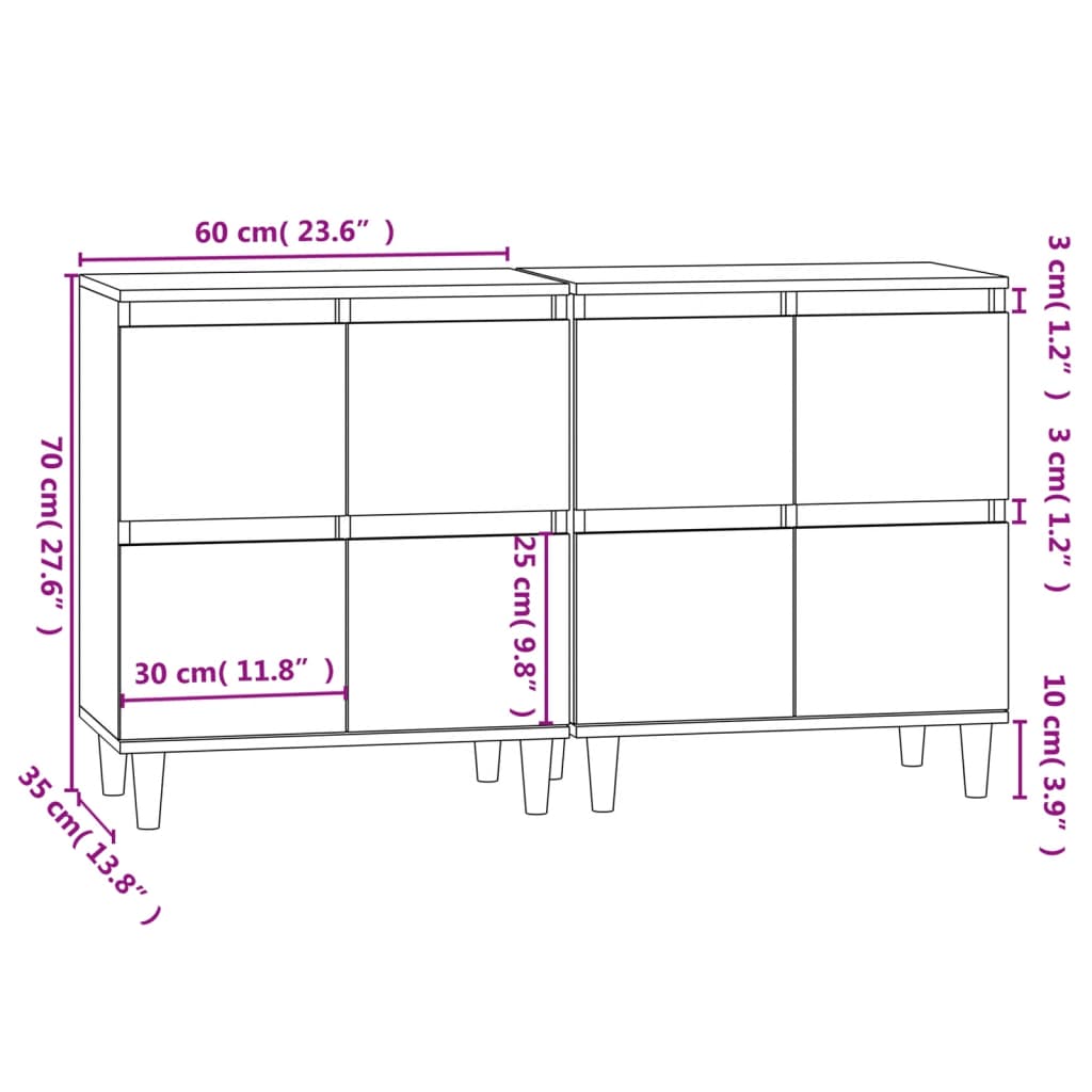 vidaXL Aparadores 2 uds madera contrachapada negro 60x35x70 cm