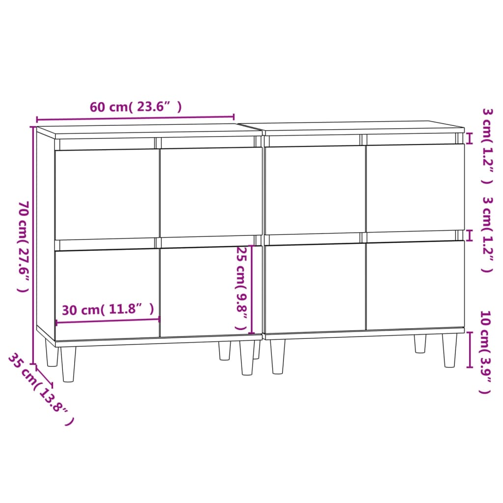 vidaXL Aparadores 2 uds madera contrachapada blanco brillo 60x35x70 cm