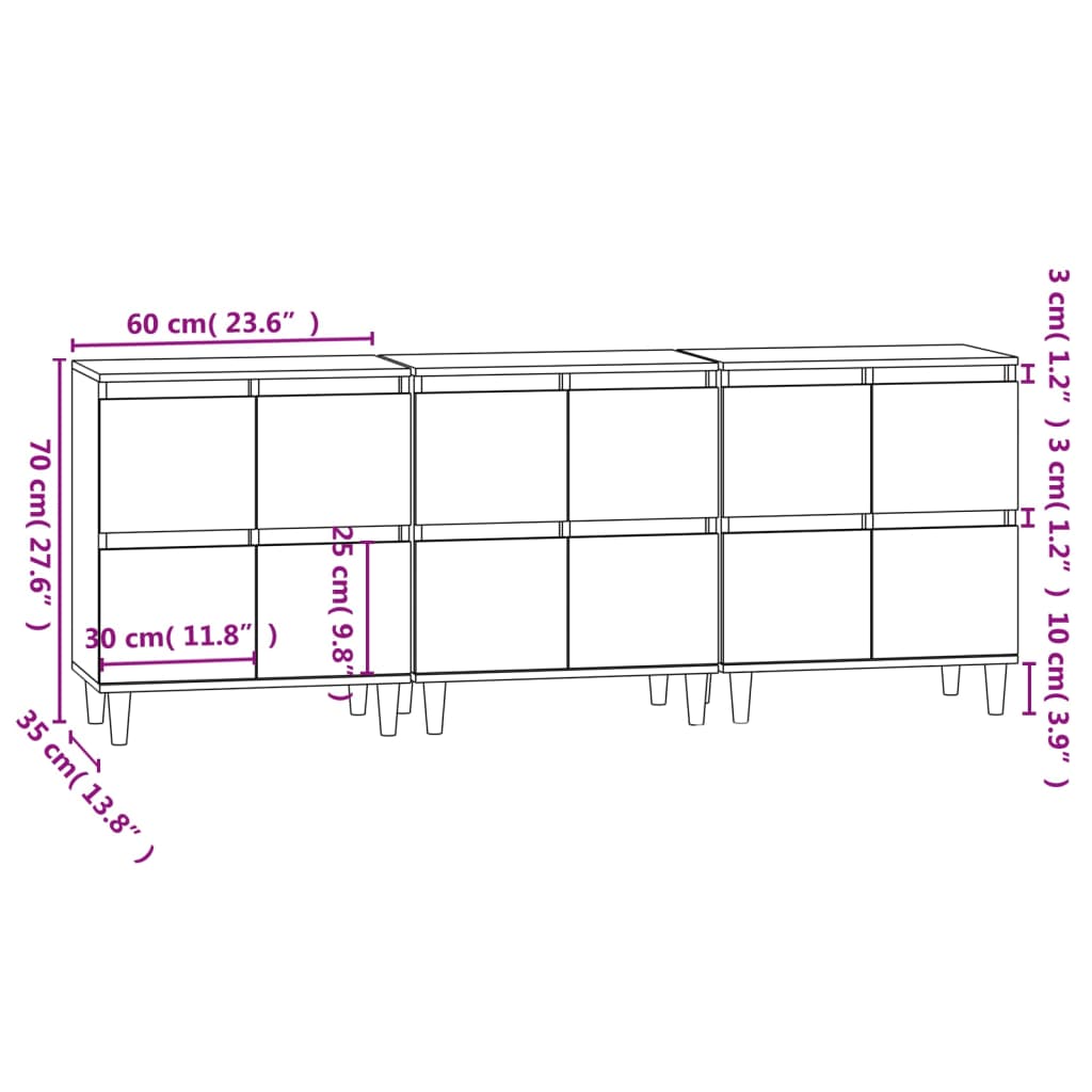 vidaXL Aparadores 3 uds madera contrachapada blanco 60x35x70 cm