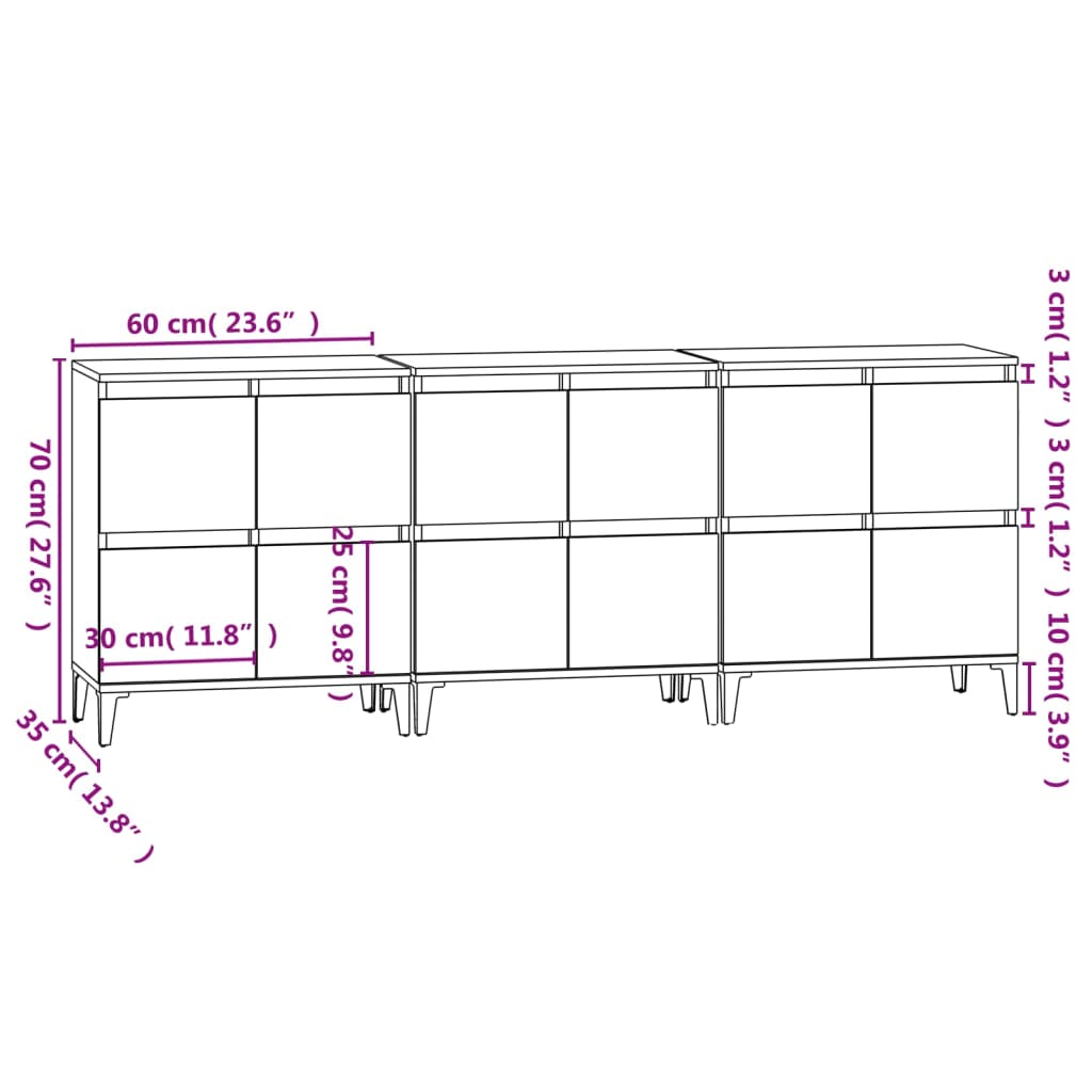 vidaXL Aparadores 3 uds madera contrachapada blanco 60x35x70 cm