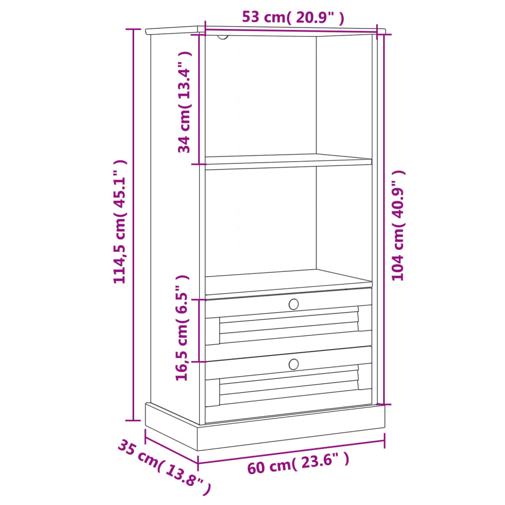 vidaXL Librería VIGO madera maciza de pino 60x35x114,5 cm