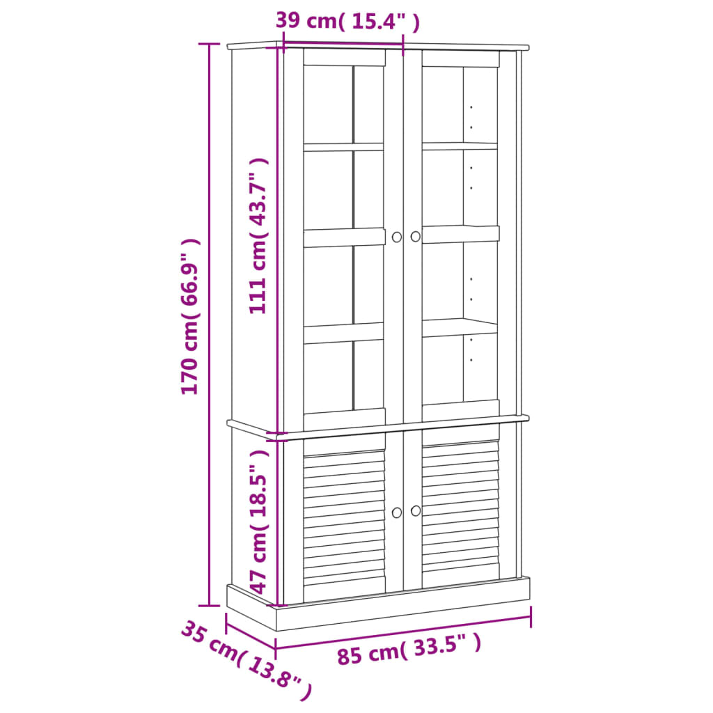 vidaXL Armario con vitrina VIGO madera maciza de pino 85x35x170 cm