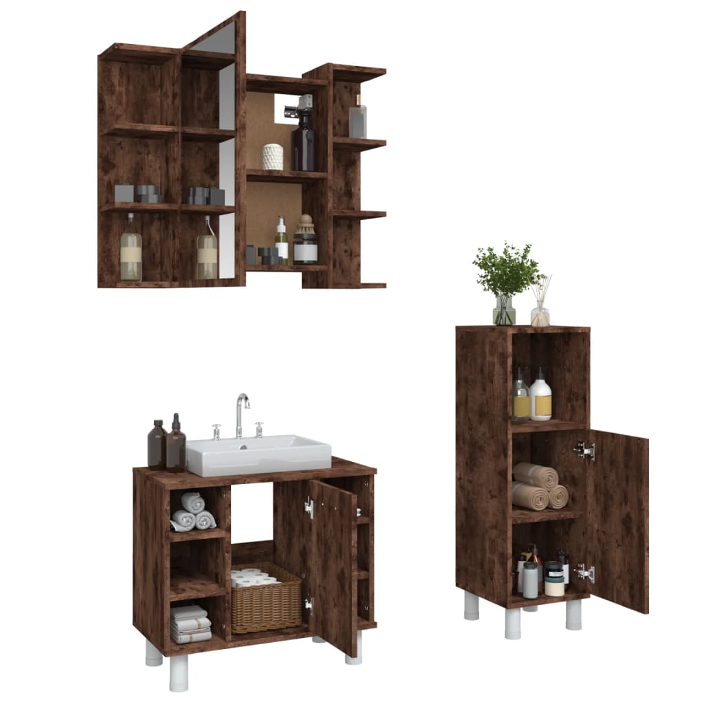 vidaXL Set de muebles baño 3 pzas madera contrachapada roble ahumado