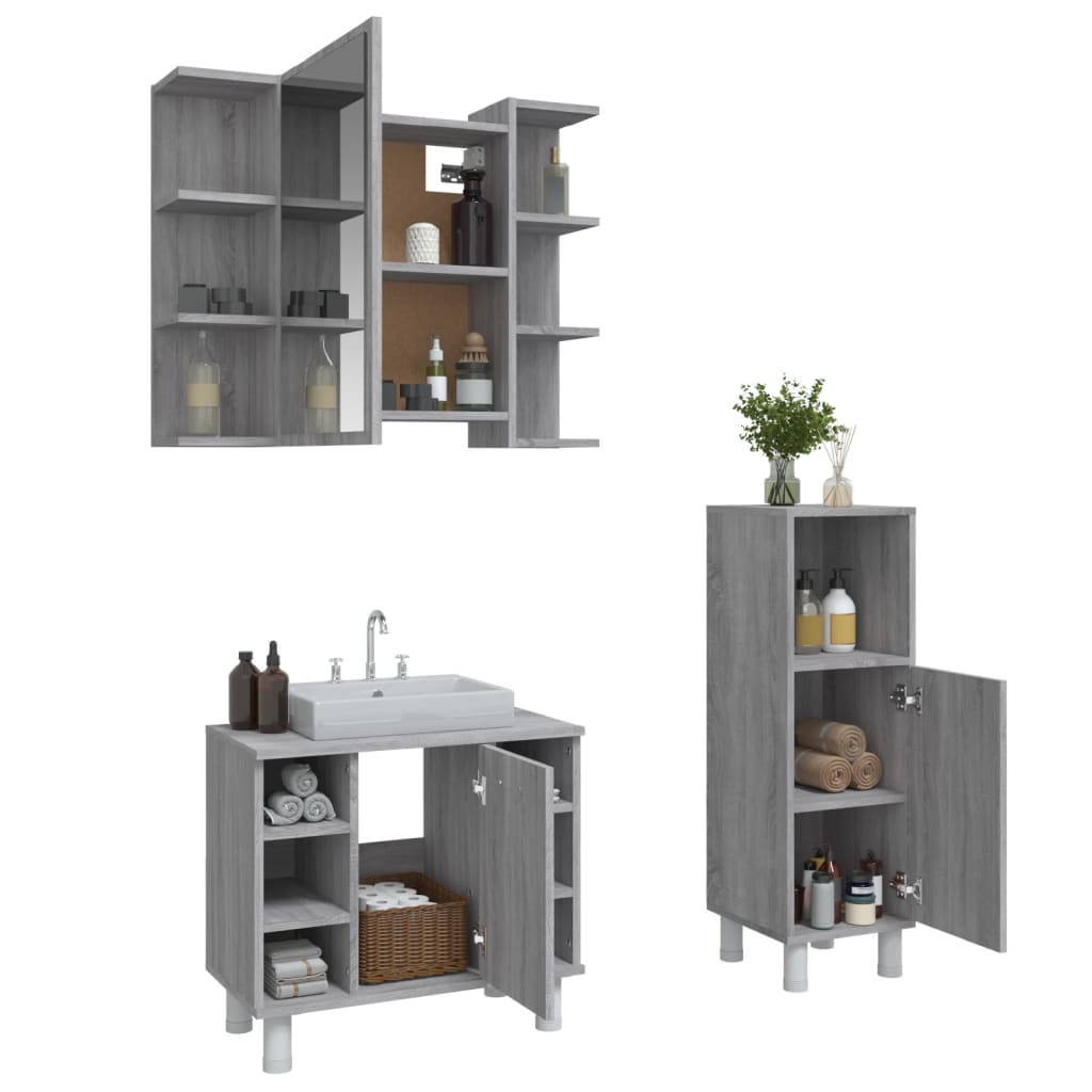 vidaXL Set de muebles de baño 3 pzas madera contrachapada gris sonoma