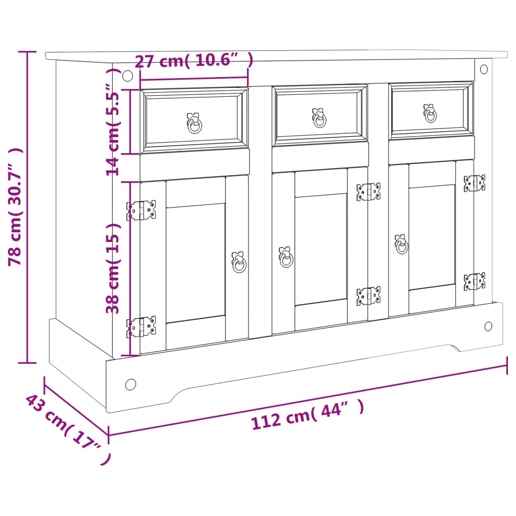 vidaXL Aparador Corona madera maciza pino mexicano 112x43x78 cm