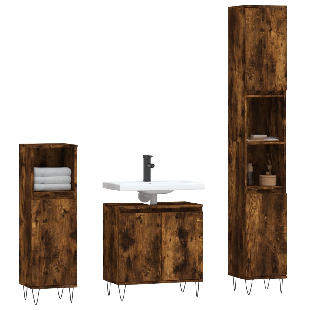 vidaXL Set de muebles baño 3 pzas madera contrachapada roble ahumado