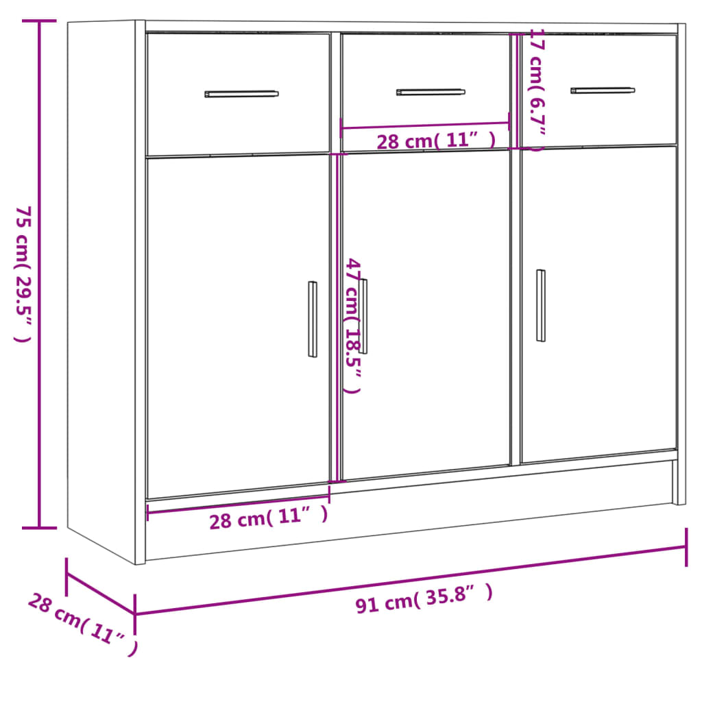 vidaXL Aparador madera de ingeniería blanco brillante 91x28x75 cm