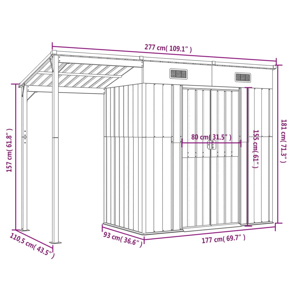 vidaXL Cobertizo jardín tejado largo acero antracita 277x110,5x181 cm