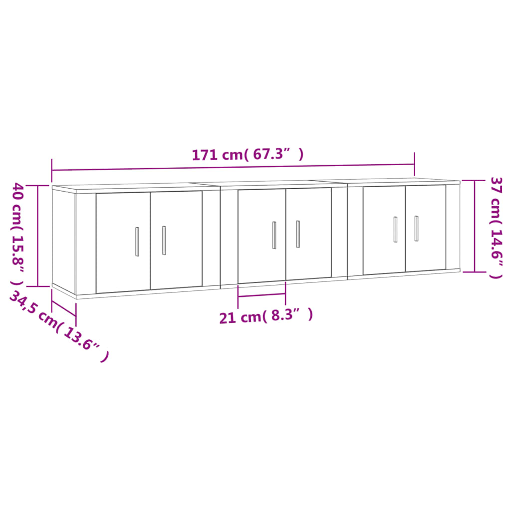 vidaXL Muebles para TV de pared 3 uds negro 57x34,5x40 cm