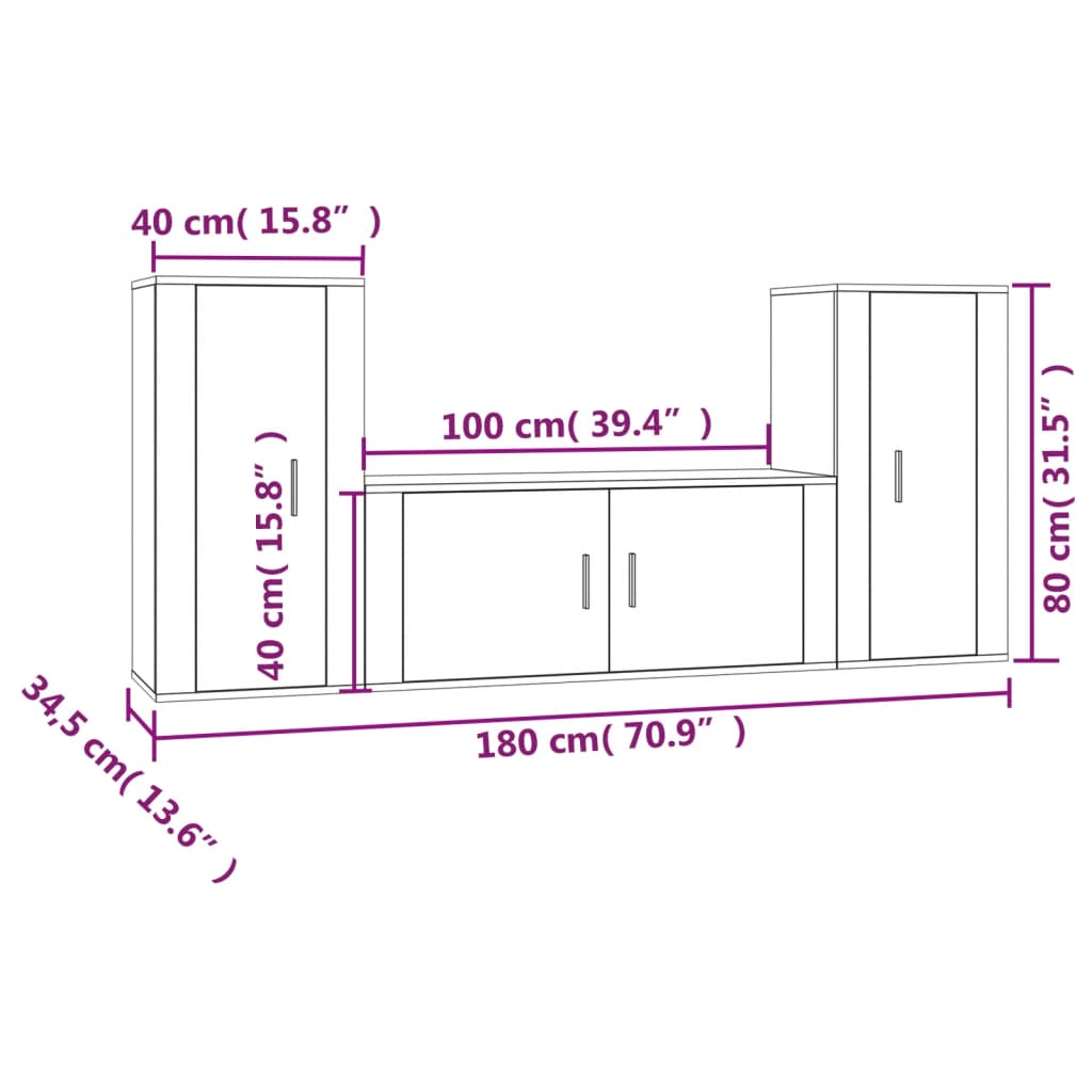 vidaXL Set de muebles de TV 3 pzas madera contrachapada gris hormigón