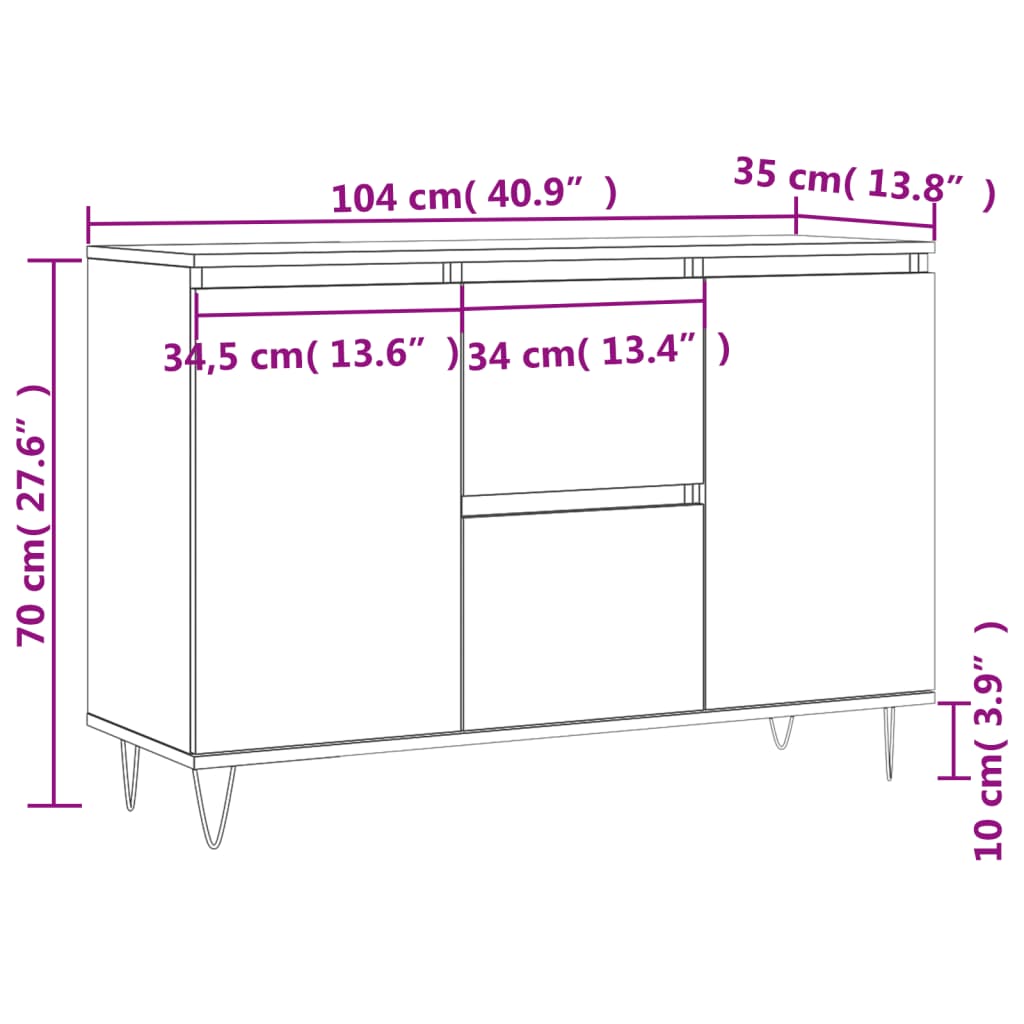 vidaXL Aparador de madera de ingeniería blanco brillante 104x35x70 cm