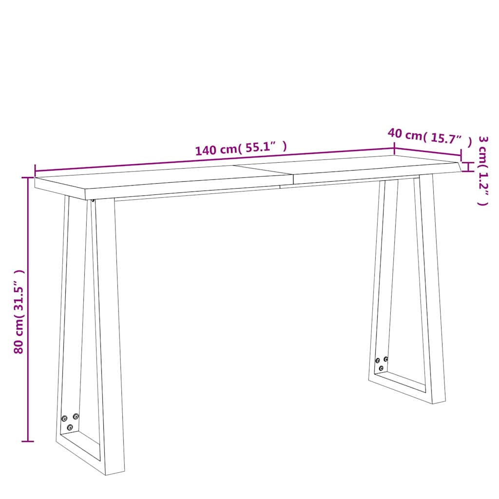 vidaXL Mesa consola con borde vivo madera maciza acacia 140x40x80 cm