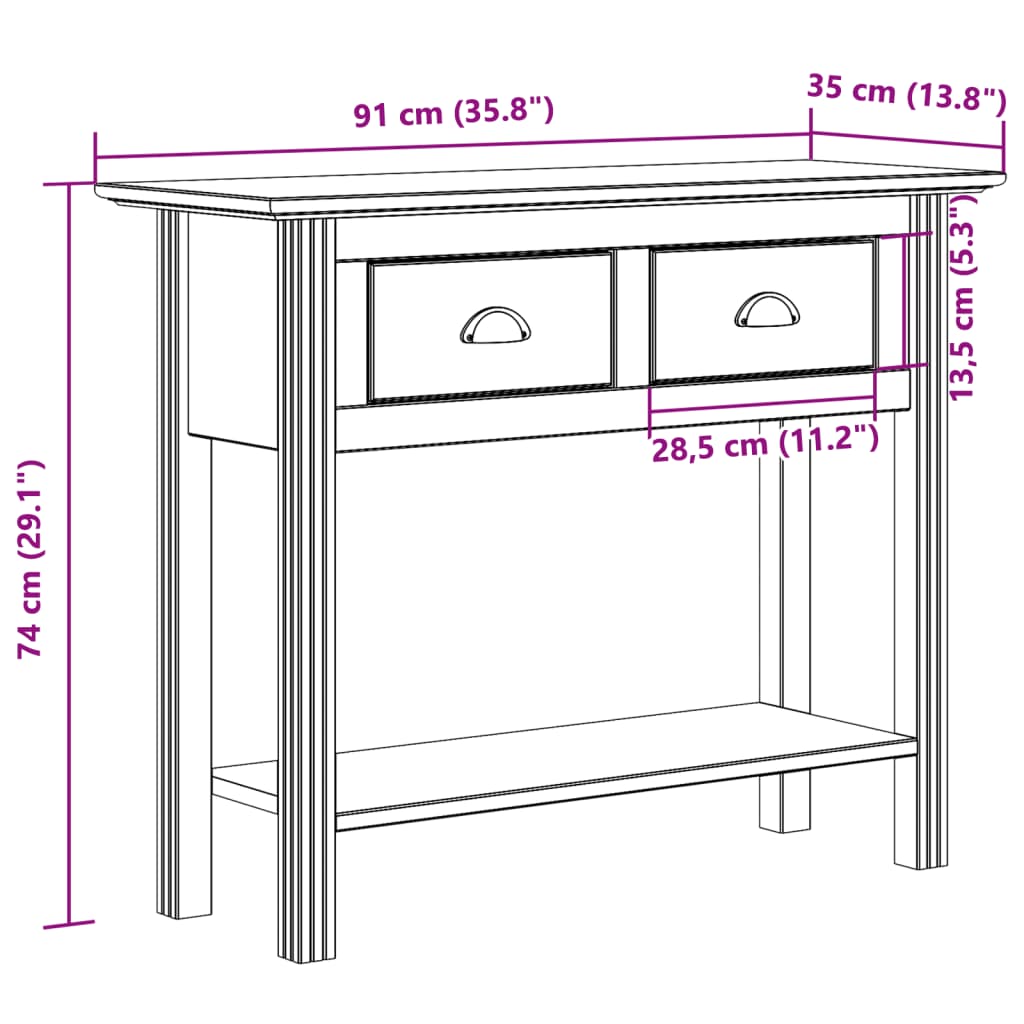 vidaXL Mesa consola BODO madera maciza de pino blanco 91x35x74 cm