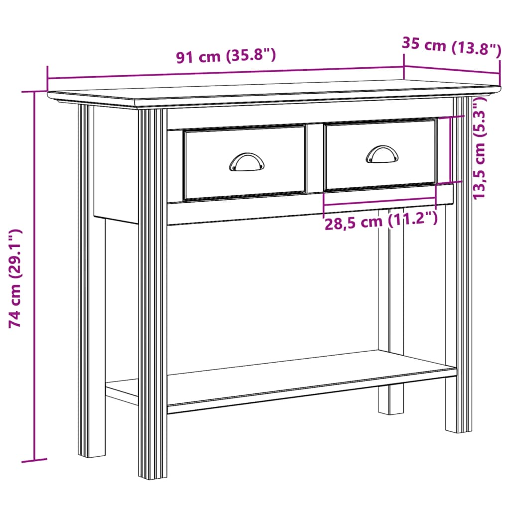 vidaXL Mesa consola BODO madera maciza de pino marrón 91x35x74 cm