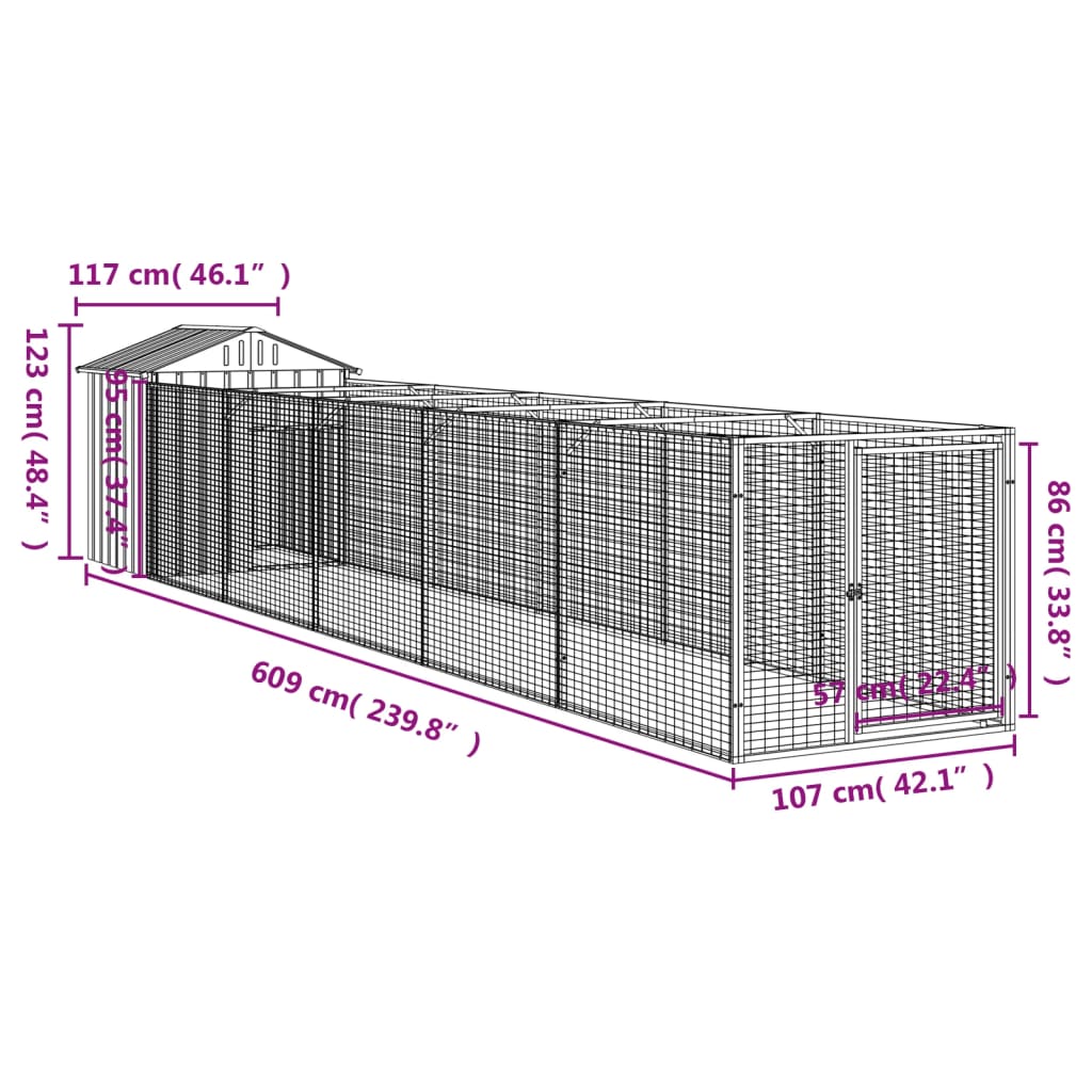 vidaXL Caseta perros tejado acero galvanizado gris claro 117x609x123cm