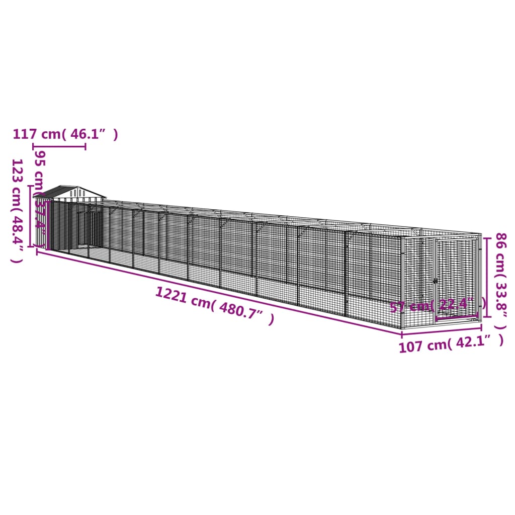 vidaXL Caseta perro tejado acero galvanizado gris claro 117x1221x123cm