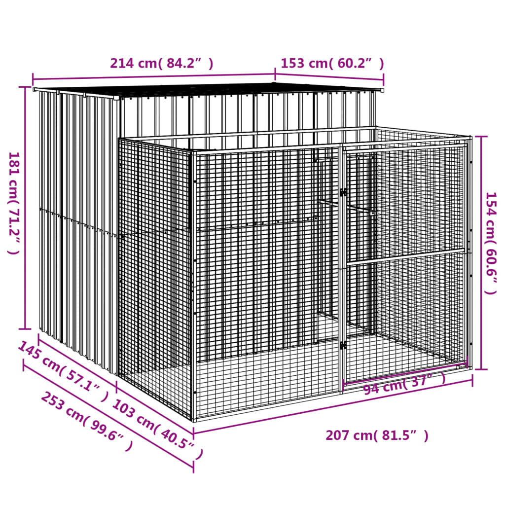 vidaXL Caseta perros con corral acero galvanizado gris 214x253x181 cm