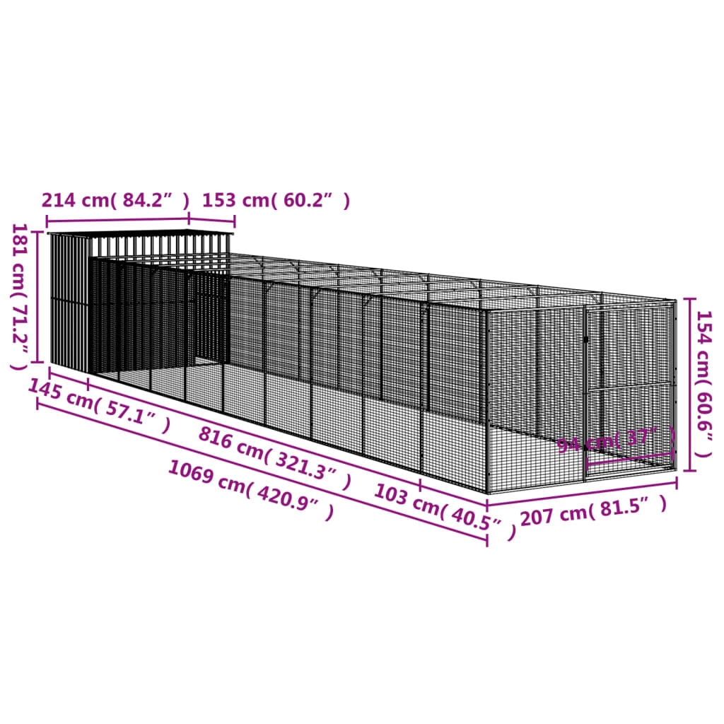 vidaXL Caseta perros con corral acero galvanizado gris 214x1069x181 cm