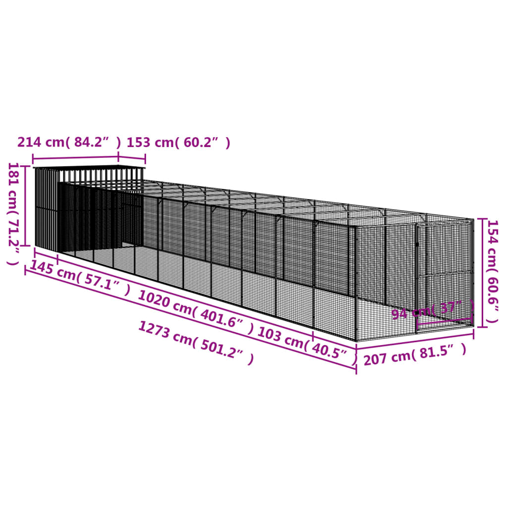 vidaXL Caseta perros con corral acero galvanizado gris 214x1273x181 cm