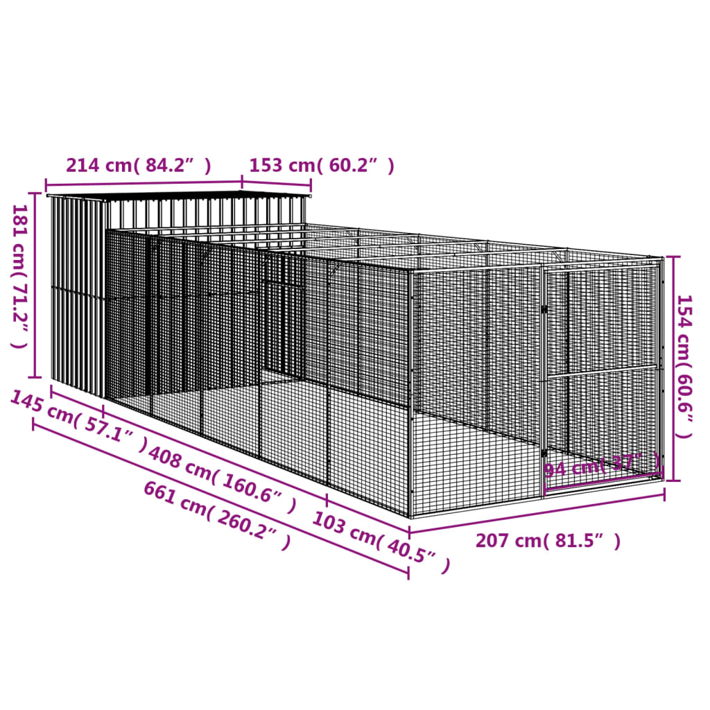 vidaXL Caseta perros corral acero galvanizado gris claro 214x661x181cm