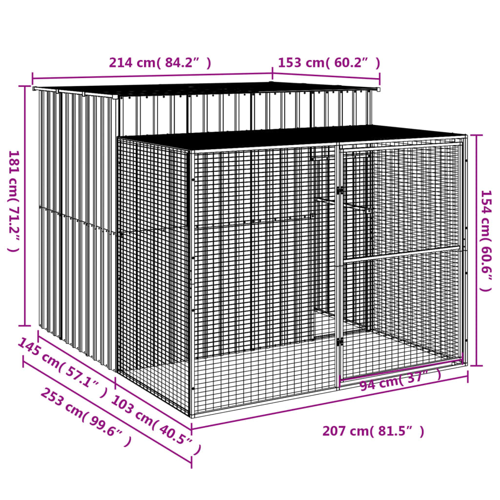 vidaXL Caseta perros con corral acero galvanizado gris 214x253x181 cm