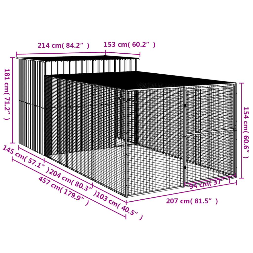 vidaXL Caseta perros con corral acero galvanizado gris 214x457x181 cm