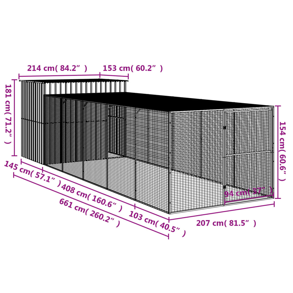 vidaXL Caseta perros con corral acero galvanizado gris 214x661x181 cm