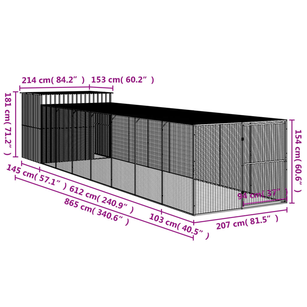 vidaXL Caseta perros con corral acero galvanizado gris 214x865x181 cm