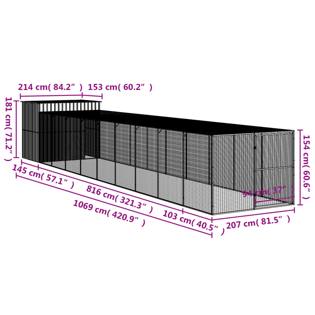 vidaXL Caseta perros con corral acero galvanizado gris 214x1069x181 cm