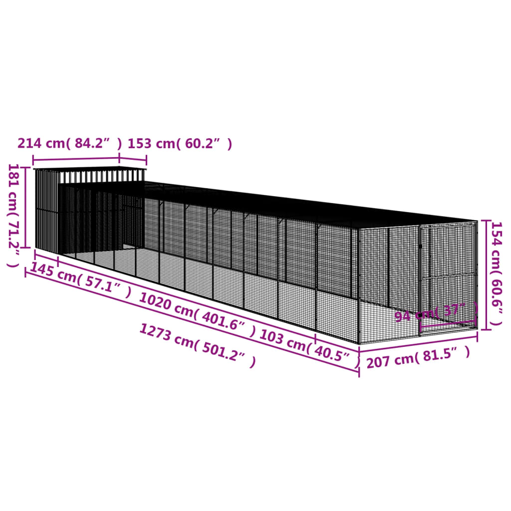 vidaXL Caseta perros con corral acero galvanizado gris 214x1273x181 cm