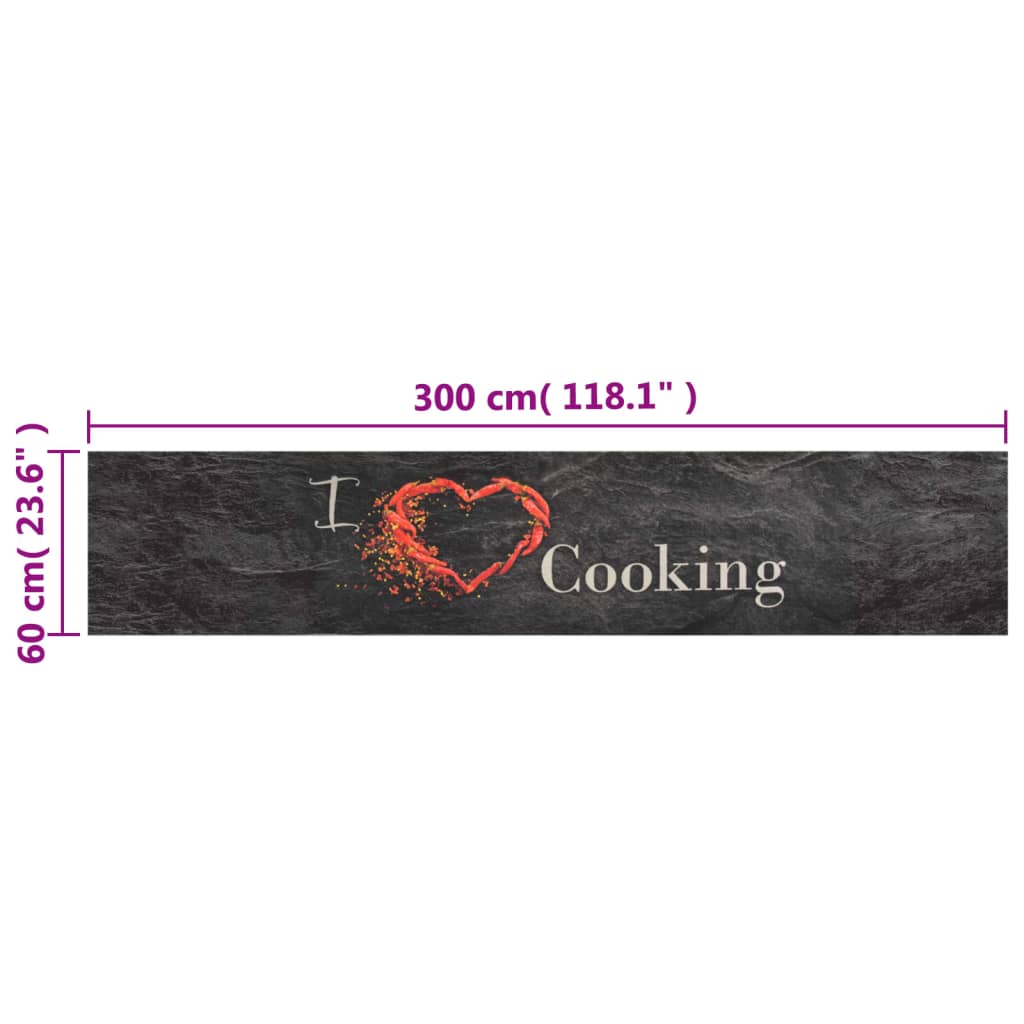 vidaXL Alfombra de cocina lavable terciopelo Cooking negro 60x300 cm