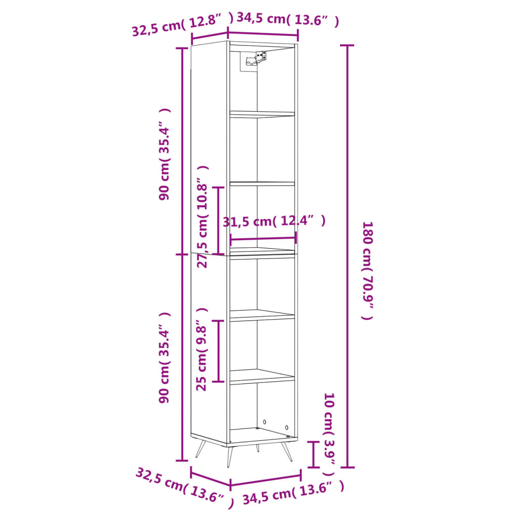 vidaXL Aparador alto madera contrachapada gris Sonoma 34,5x32,5x180 cm