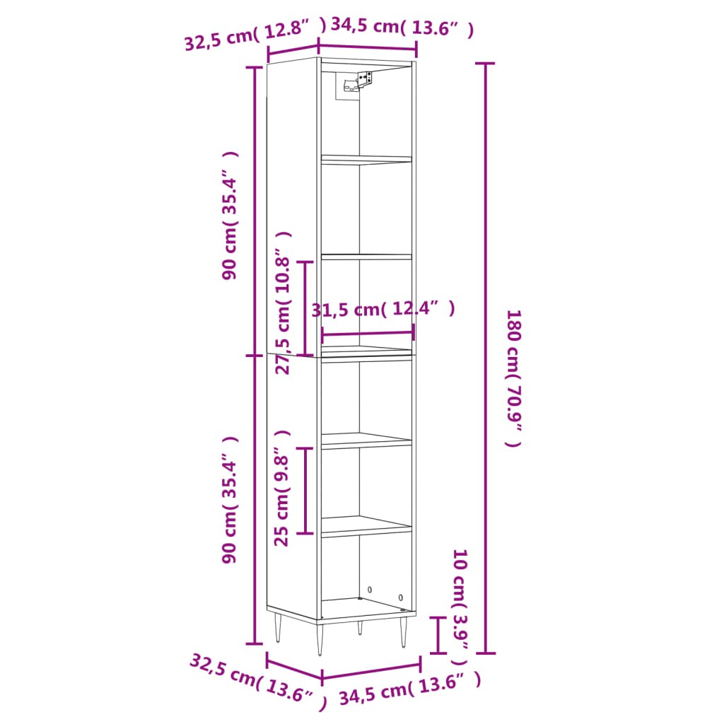 vidaXL Aparador alto madera contrachapada negro 34,5x32,5x180 cm