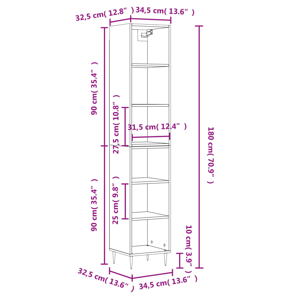 vidaXL Aparador alto contrachapada blanco brillante 34,5x32,5x180 cm