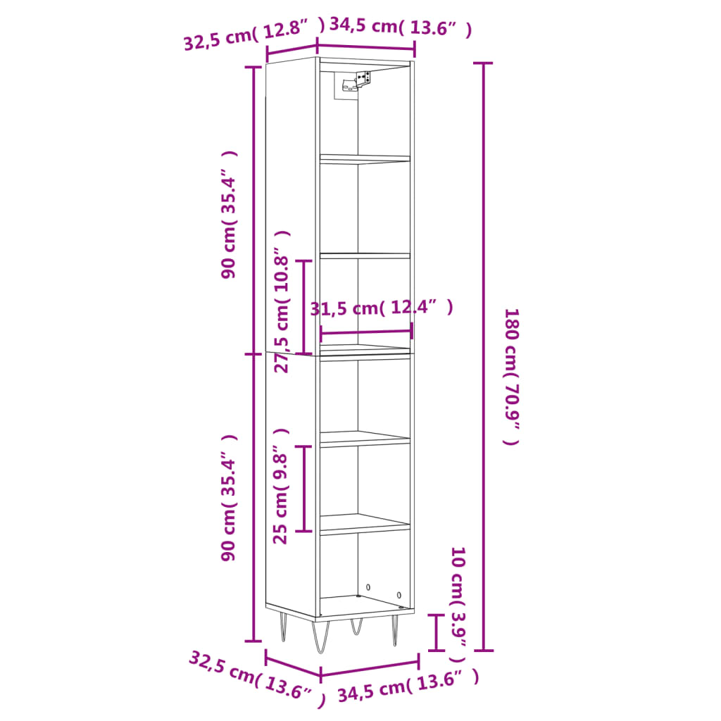 vidaXL Aparador alto madera contrachapada negro 34,5x32,5x180 cm