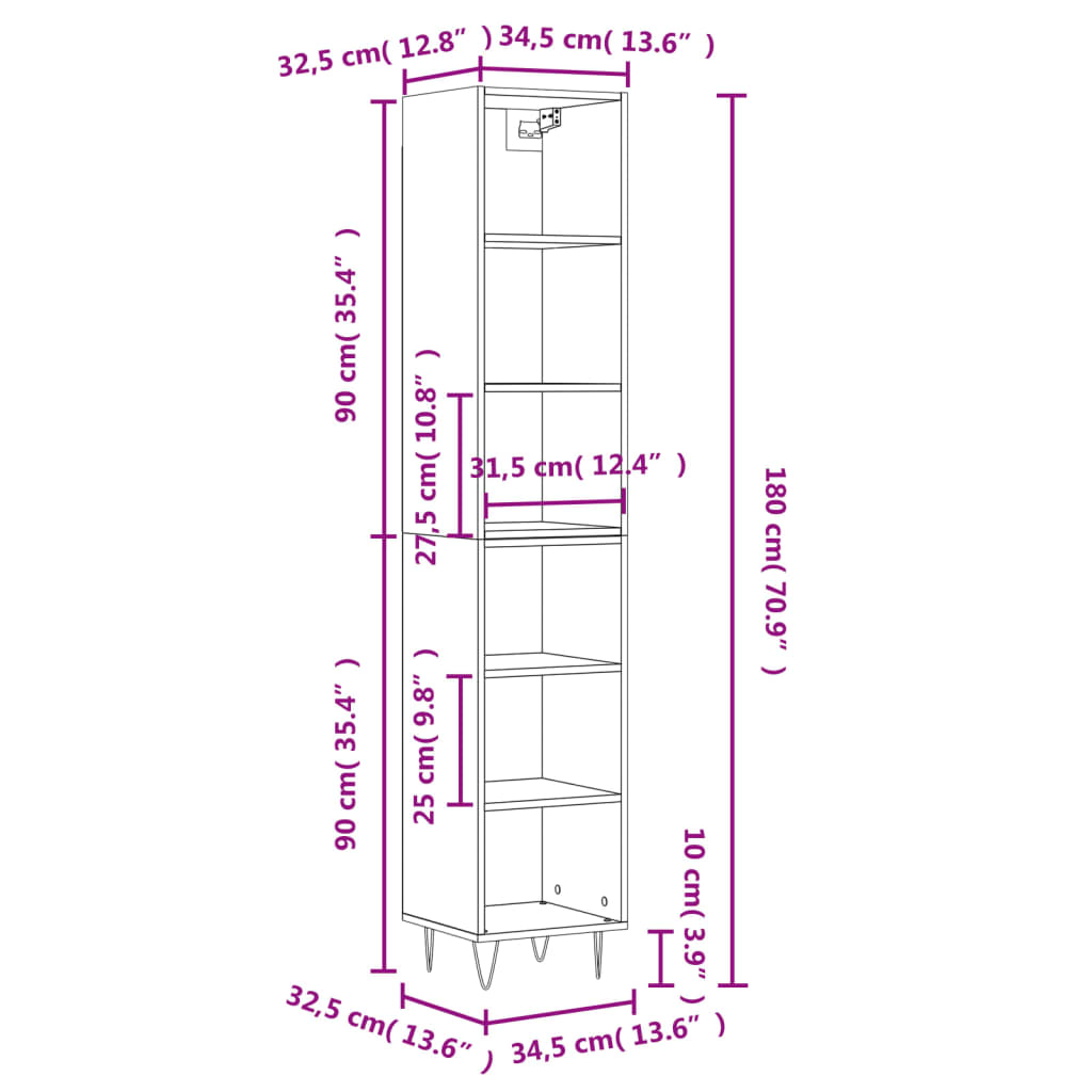 vidaXL Aparador alto contrachapada blanco brillante 34,5x32,5x180 cm