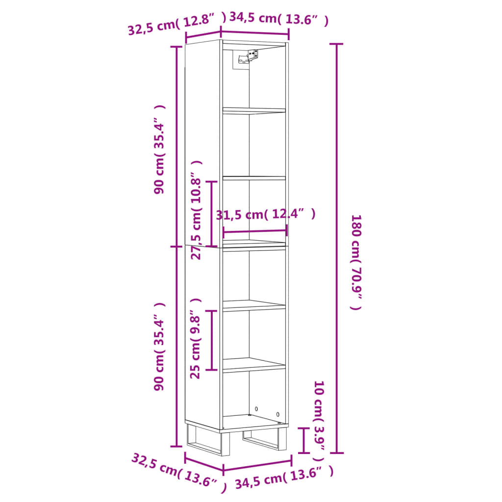 vidaXL Aparador alto madera contrachapada negro 34,5x32,5x180 cm