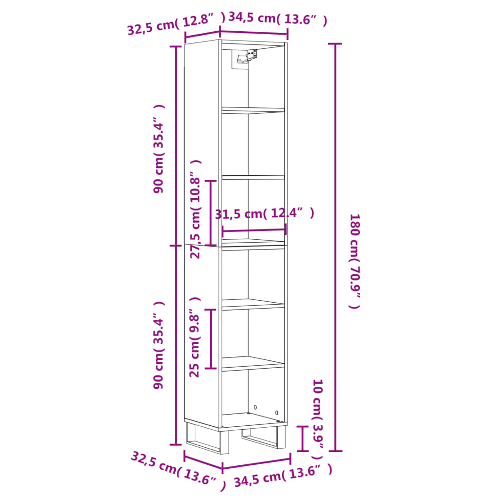 vidaXL Aparador alto contrachapada blanco brillante 34,5x32,5x180 cm